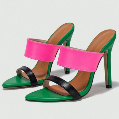 High heel sandals with pink, green, and black colorblock PU leather straps